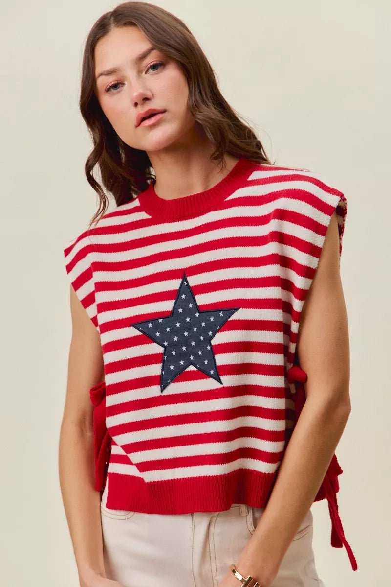 SO ME Stripe Star Patch 4th Of July Side Tie Vest Top - Desert Sunday