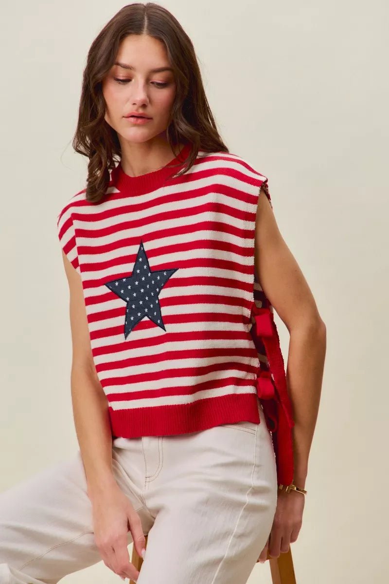 SO ME Stripe Star Patch 4th Of July Side Tie Vest Top - Desert Sunday