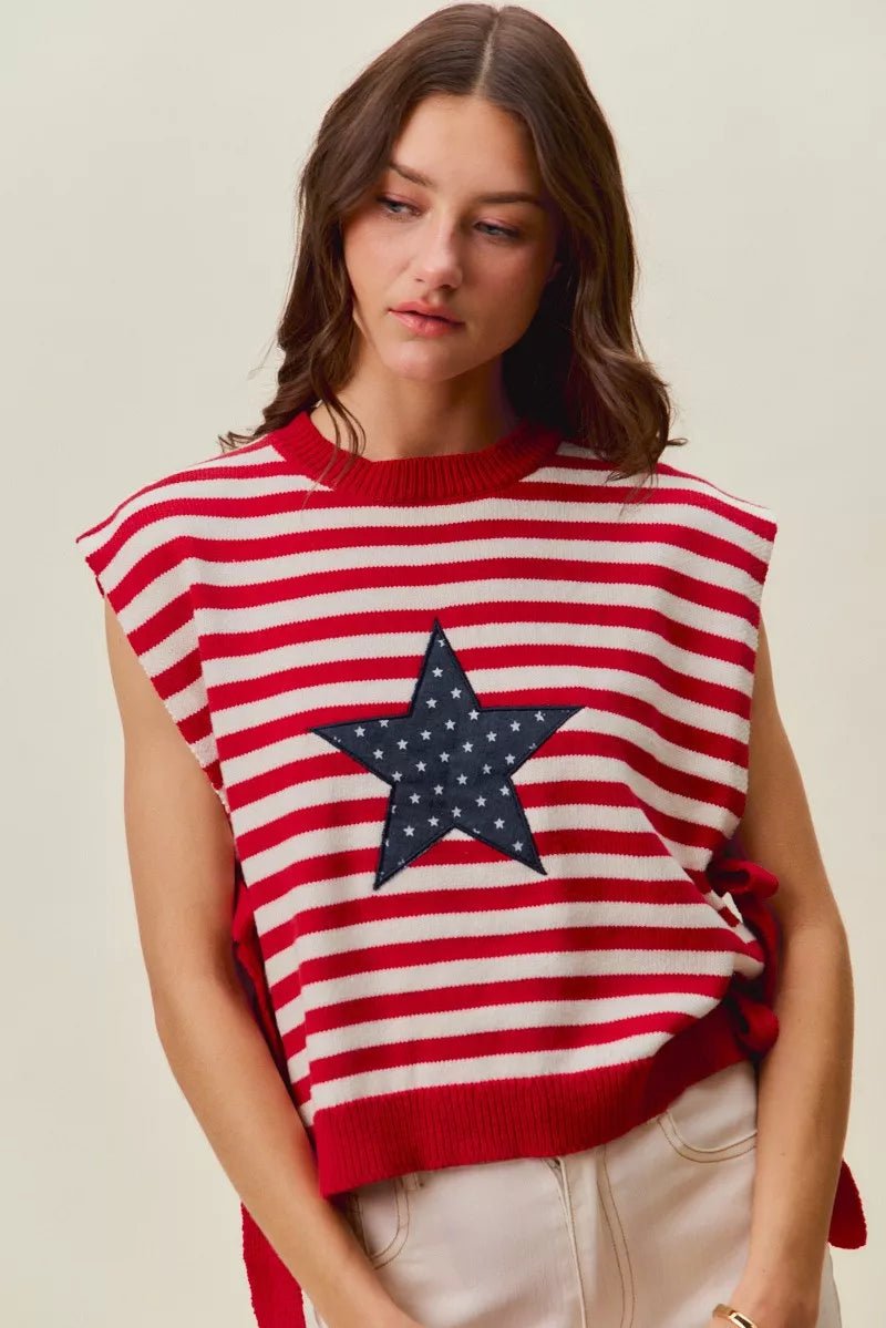 SO ME Stripe Star Patch 4th Of July Side Tie Vest Top - Desert Sunday