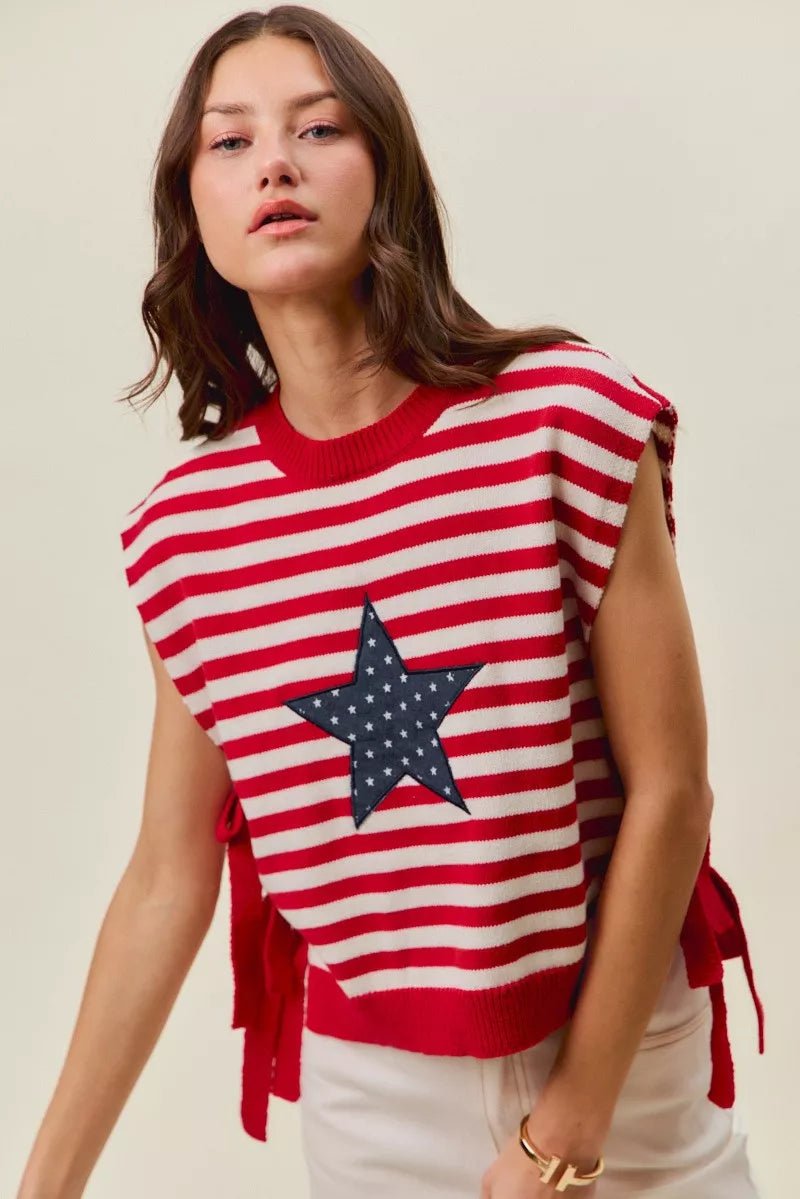 SO ME Stripe Star Patch 4th Of July Side Tie Vest Top - Desert Sunday