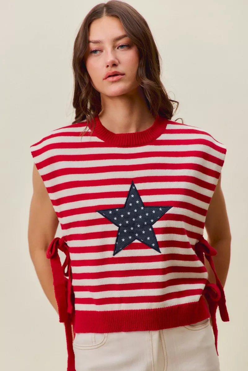 SO ME Stripe Star Patch 4th Of July Side Tie Vest Top - Desert Sunday