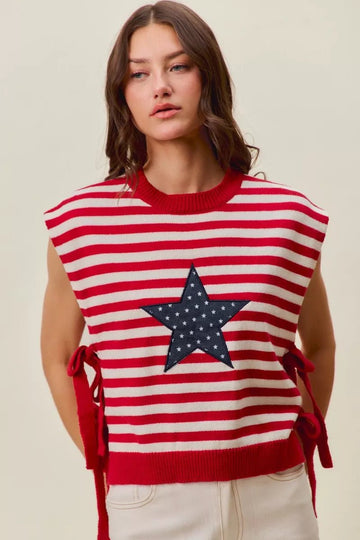 SO ME Stripe Star Patch 4th Of July Side Tie Vest Top - Desert Sunday