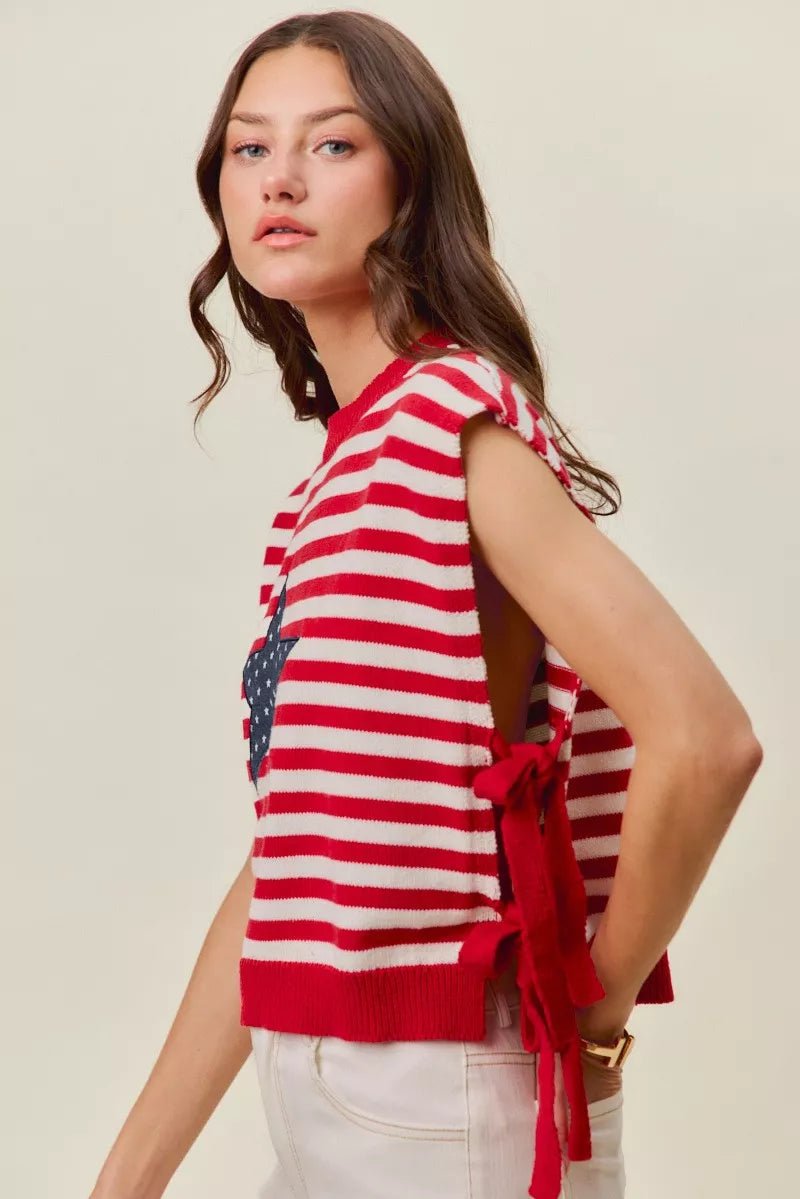 SO ME Stripe Star Patch 4th Of July Side Tie Vest Top - Desert Sunday