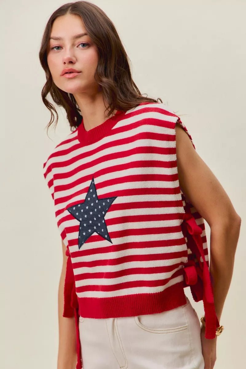 SO ME Stripe Star Patch 4th Of July Side Tie Vest Top - Desert Sunday