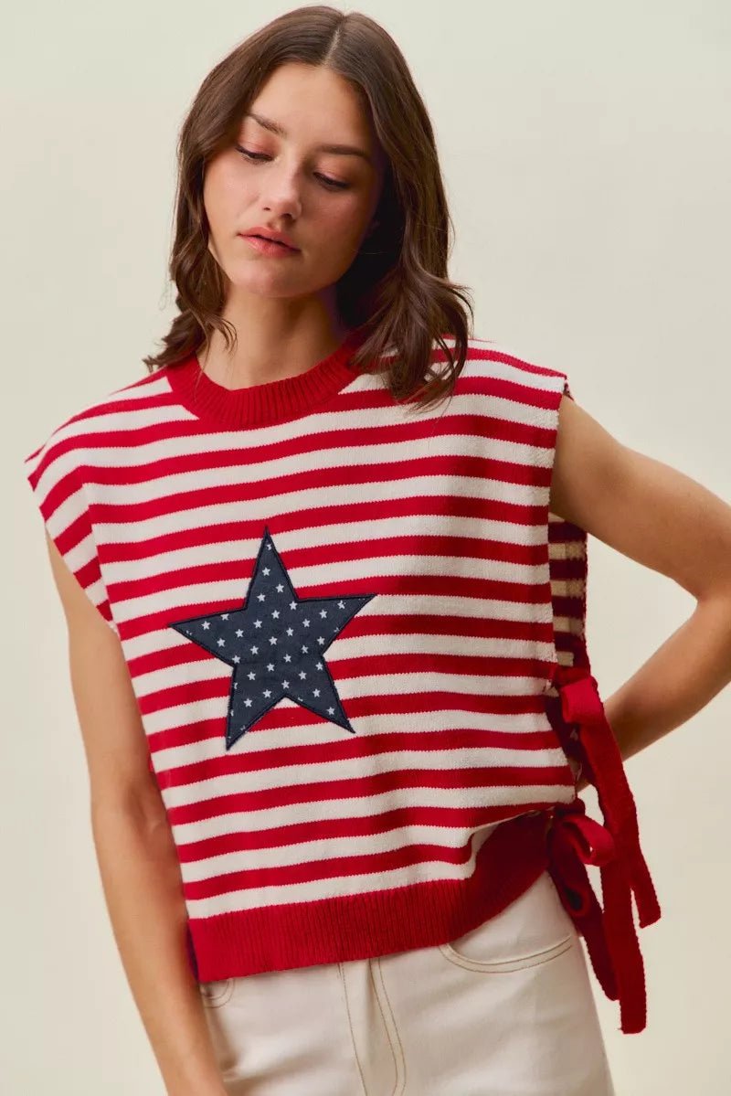 SO ME Stripe Star Patch 4th Of July Side Tie Vest Top - Desert Sunday
