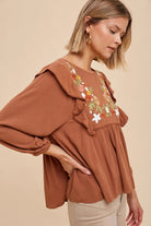 Sonoran Bloom Embroidered Blouse in Camel - Desert Sunday