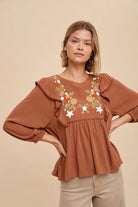 Sonoran Bloom Embroidered Blouse in Camel - Desert Sunday