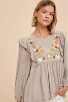 Sonoran Bloom Embroidered Blouse in Taupe - Desert Sunday