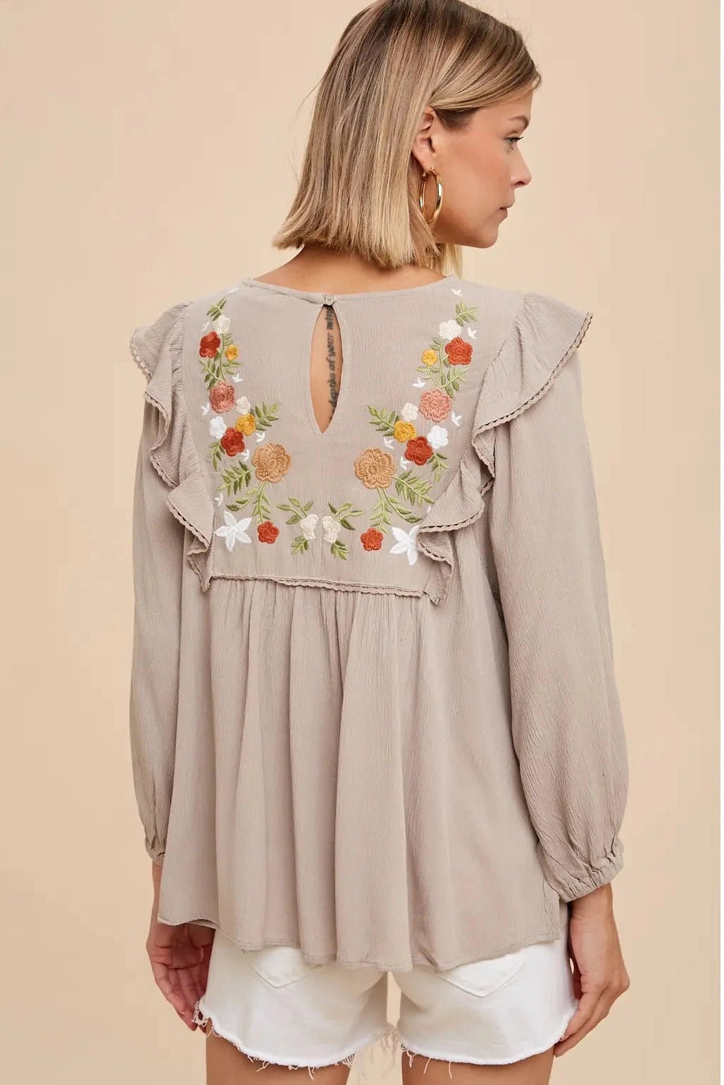 Sonoran Bloom Embroidered Blouse in Taupe - Desert Sunday