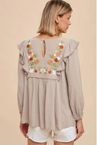 Sonoran Bloom Embroidered Blouse in Taupe - Desert Sunday