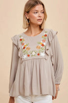 Sonoran Bloom Embroidered Blouse in Taupe - Desert Sunday