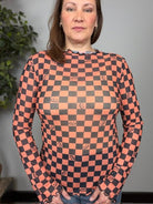 Spooky Checkered Pumpkin Mesh Long Sleeve Top - Desert Sunday