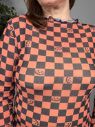Spooky Checkered Pumpkin Mesh Long Sleeve Top - Desert Sunday