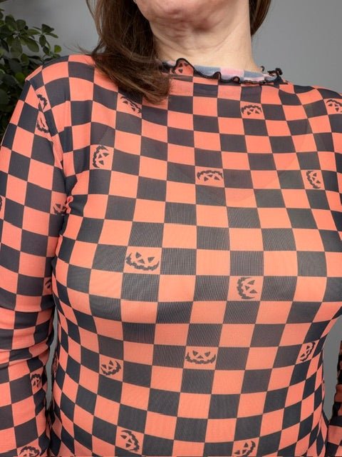 Spooky Checkered Pumpkin Mesh Long Sleeve Top - Desert Sunday