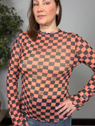 Spooky Checkered Pumpkin Mesh Long Sleeve Top - Desert Sunday