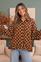 Spotted in Style Polka Dot Ruffle Blouse - Desert Sunday