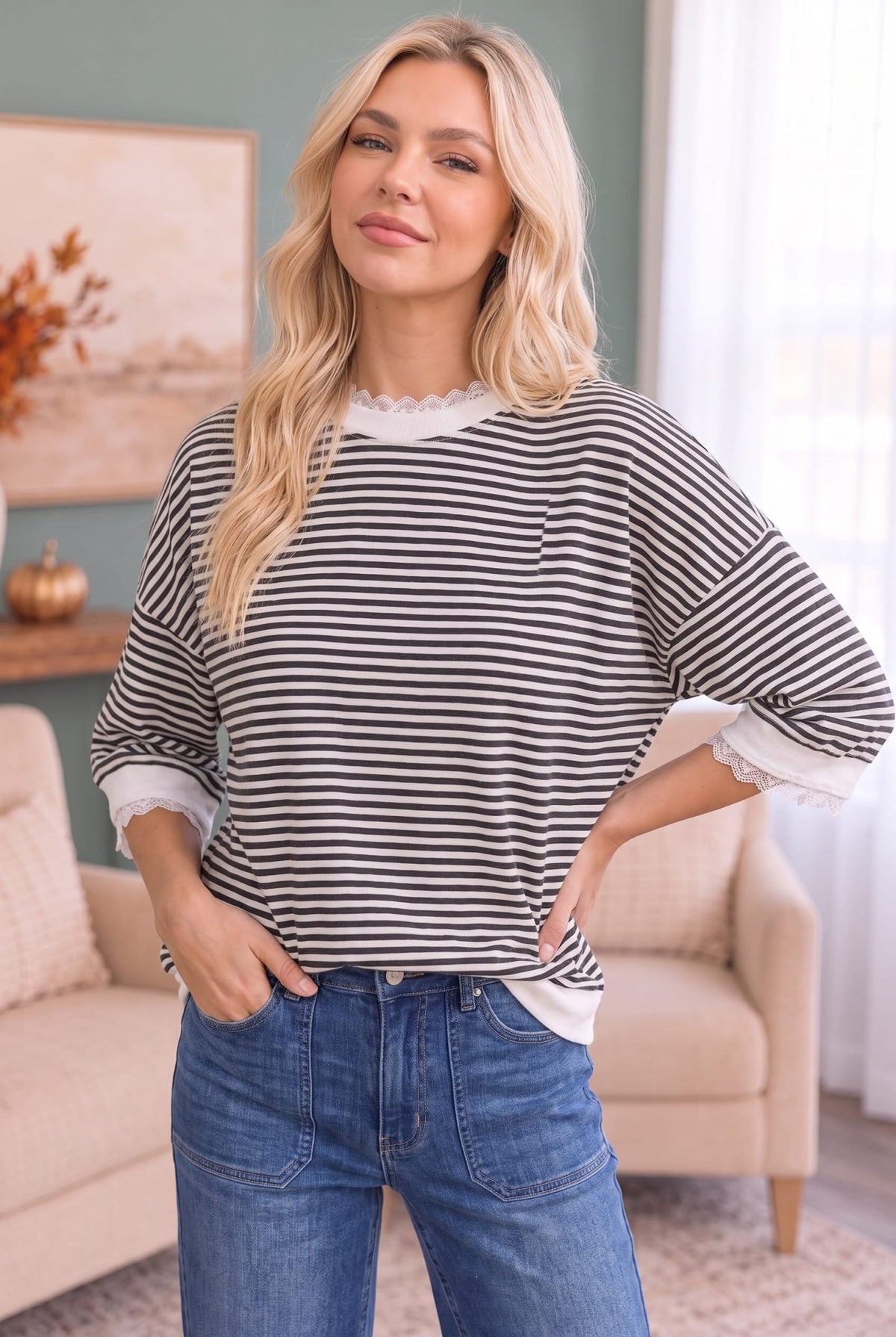 Stripe It Right Lace Trim Top - Desert Sunday