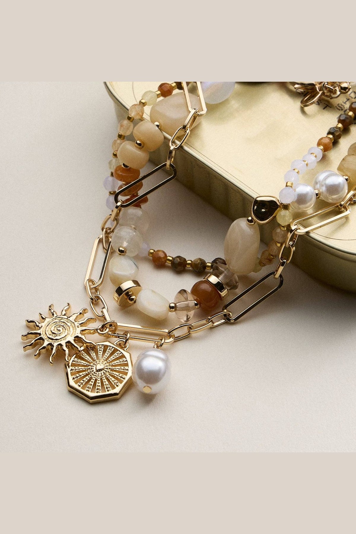 Sun Charm Layered Beaded Necklace Neutral - Desert Sunday