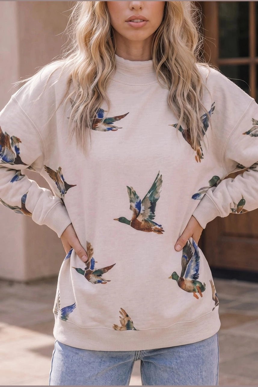 Taking Flight Mallard Duck Print Sweatshirt - Desert Sunday