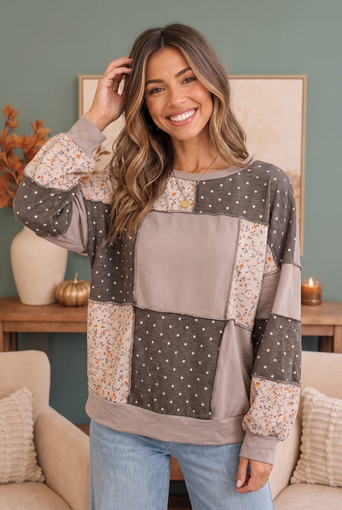Thankful for Mixed Print Sweatshirt - Desert Sunday