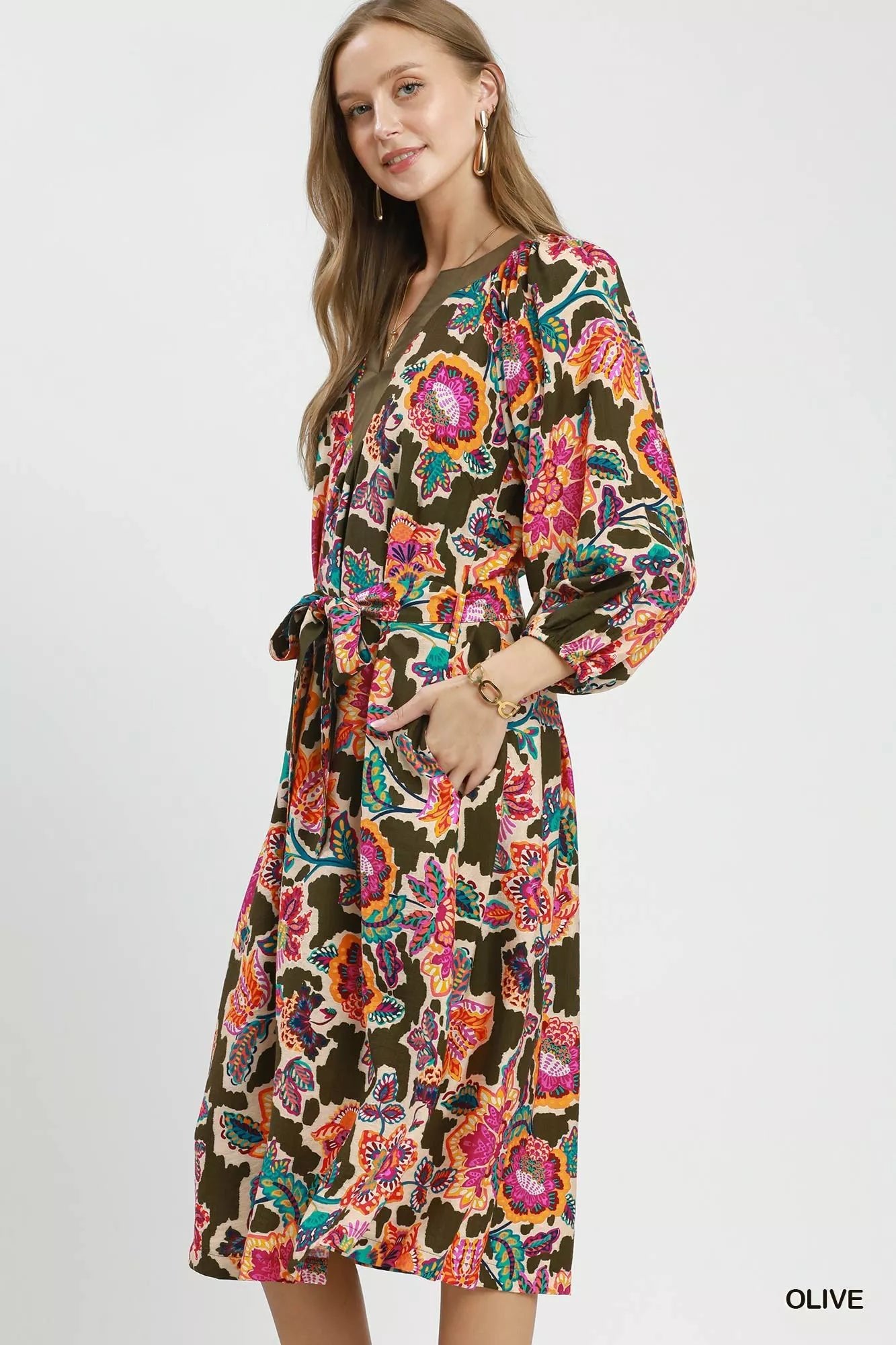 Umgee Abstract Print Embroidered Belted Midi Dress - Desert Sunday