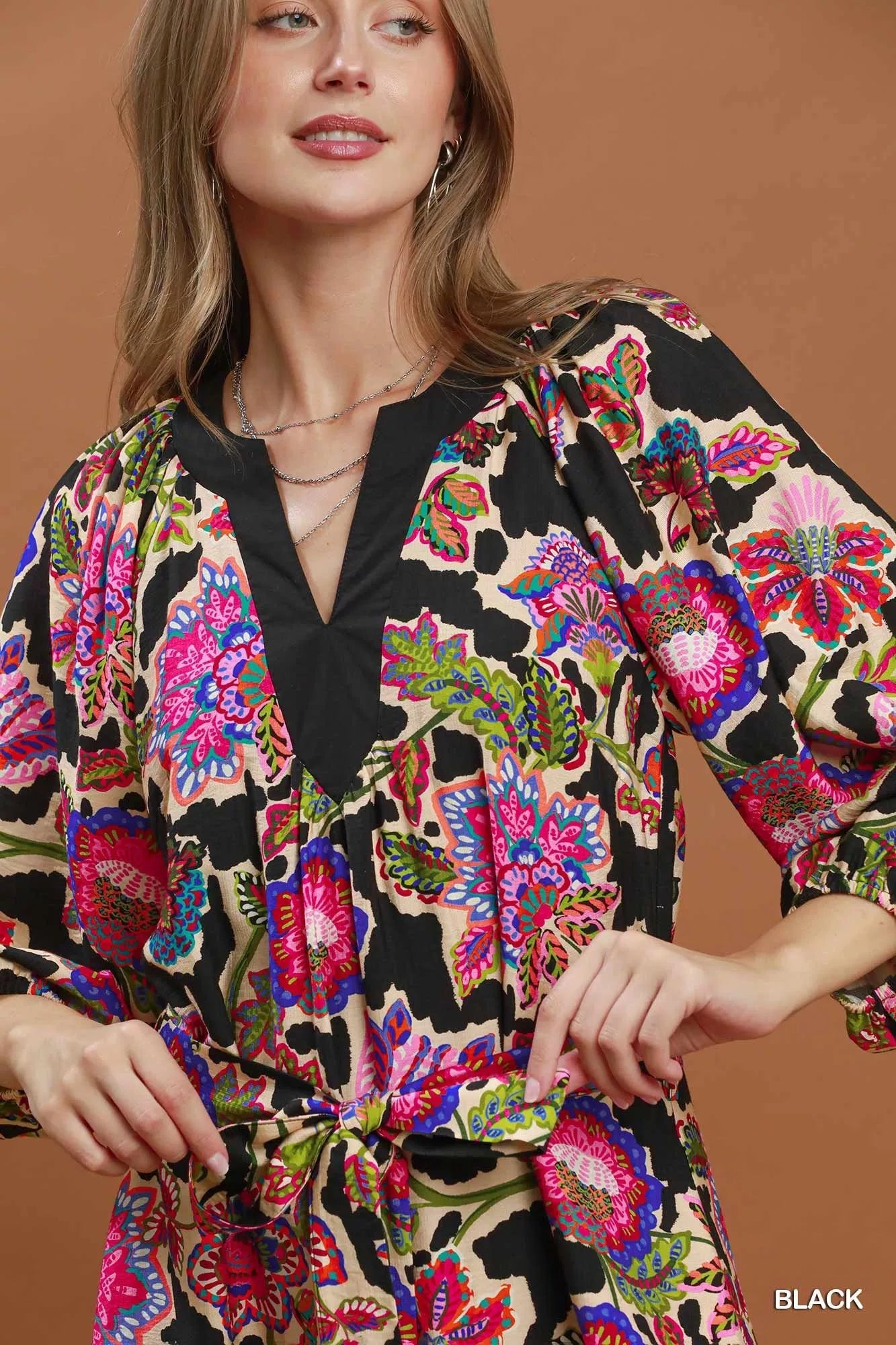 Umgee Abstract Print Embroidered Belted Midi Dress - Desert Sunday