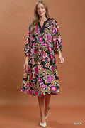 Umgee Abstract Print Embroidered Belted Midi Dress - Desert Sunday