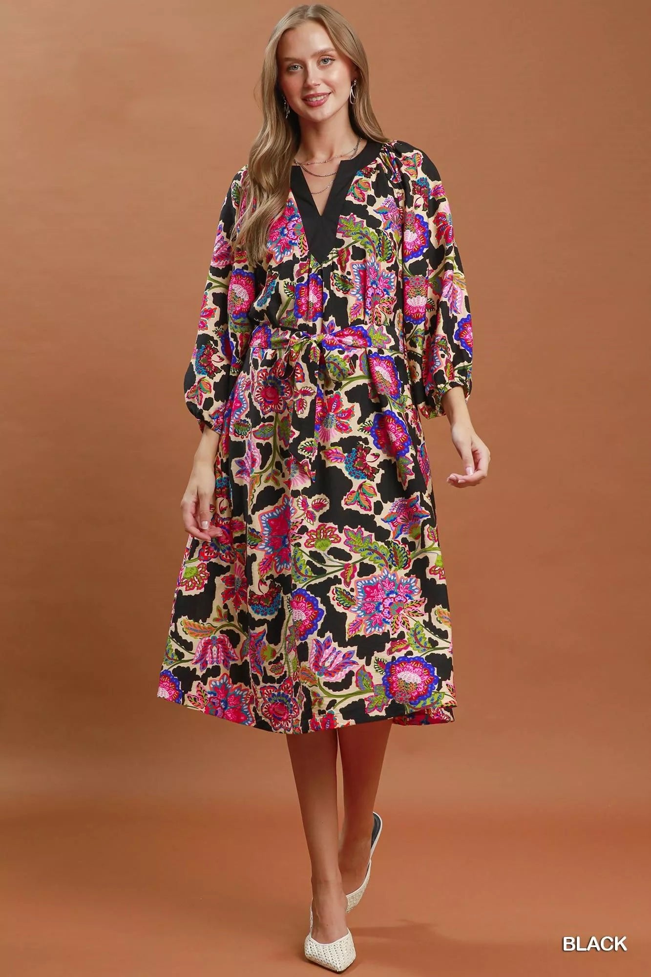 Umgee Abstract Print Embroidered Belted Midi Dress - Desert Sunday