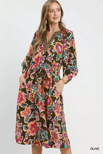 Umgee Abstract Print Embroidered Belted Midi Dress - Desert Sunday