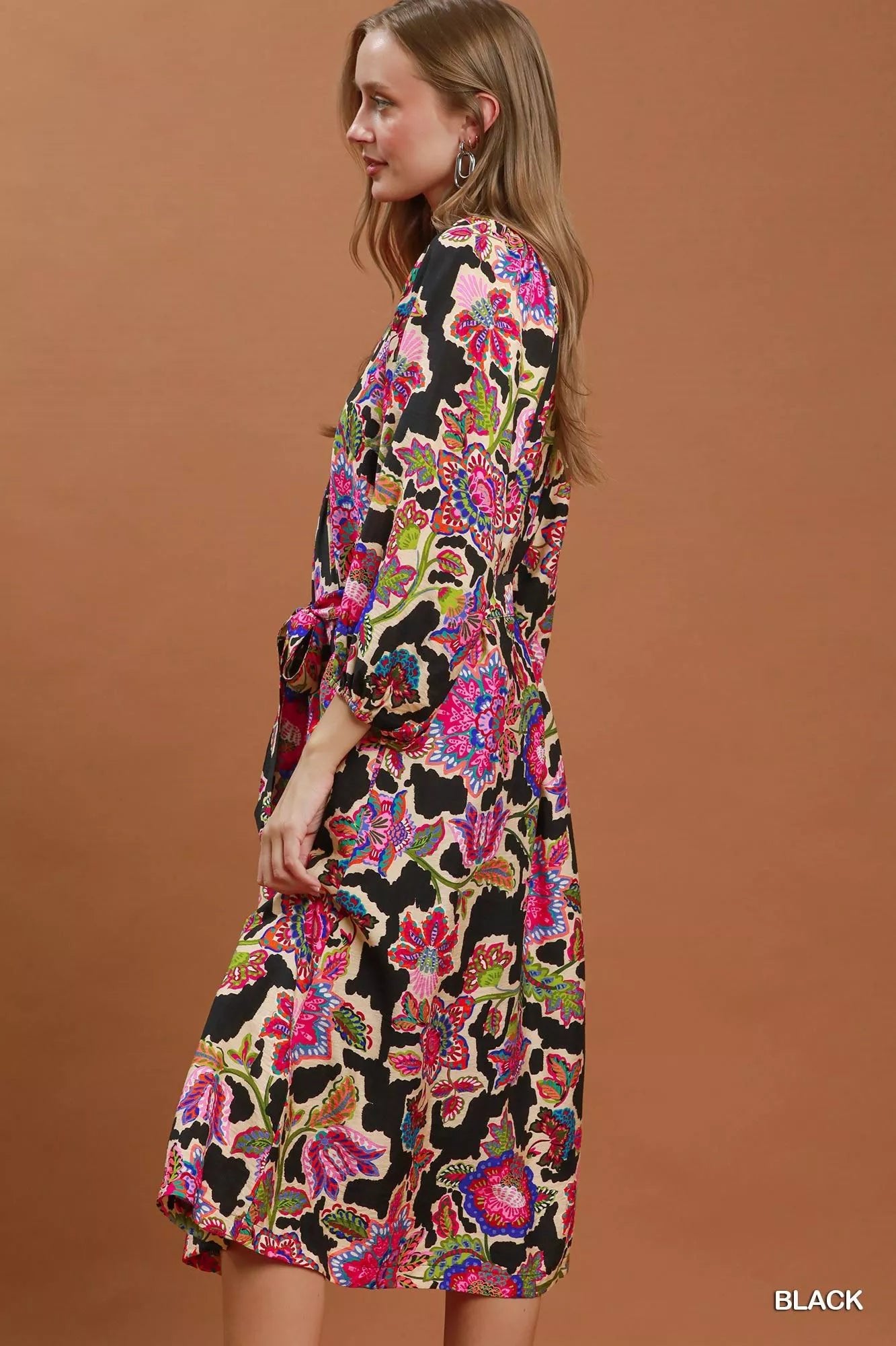 Umgee Abstract Print Embroidered Belted Midi Dress - Desert Sunday