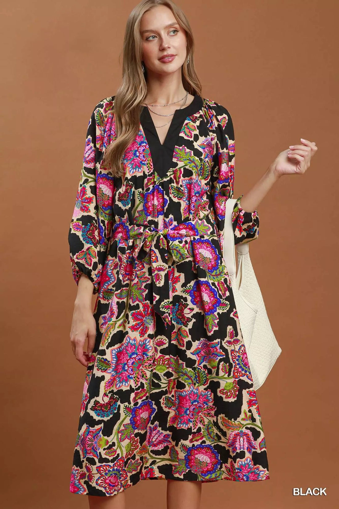 Umgee Abstract Print Embroidered Belted Midi Dress - Desert Sunday