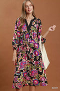 Umgee Abstract Print Embroidered Belted Midi Dress - Desert Sunday