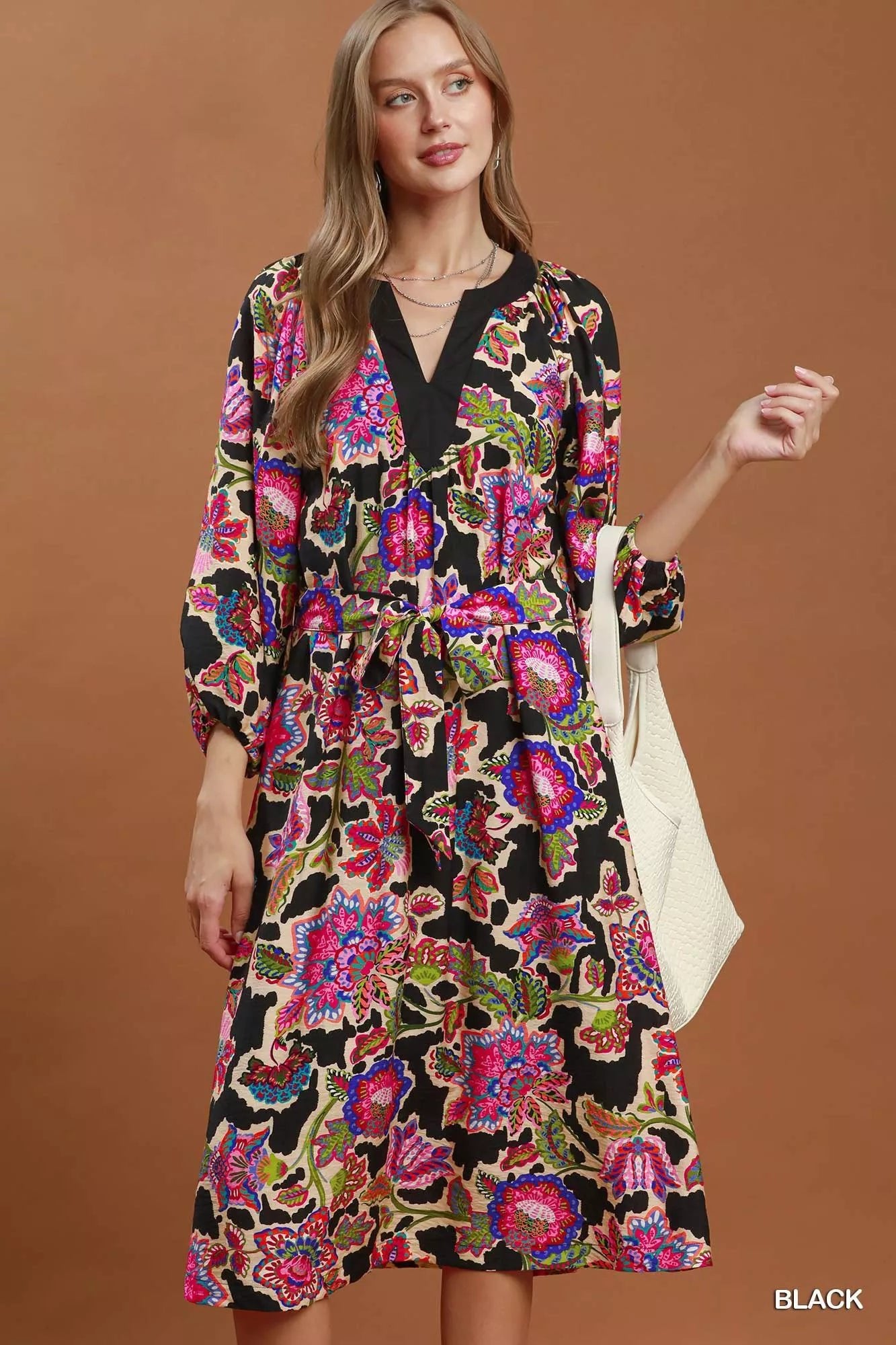 Umgee Abstract Print Embroidered Belted Midi Dress - Desert Sunday