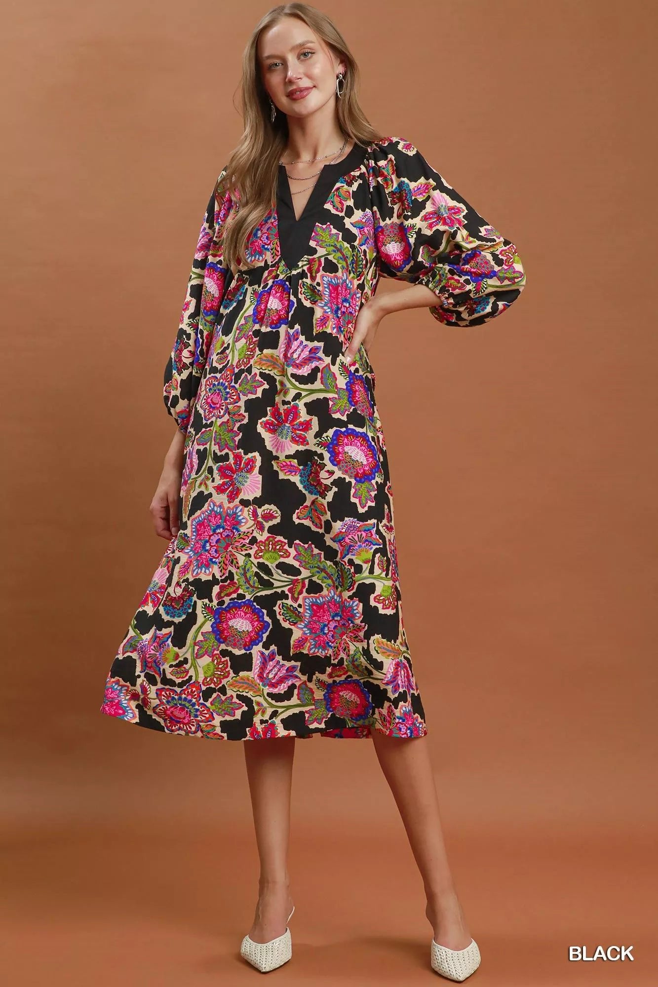 Umgee Abstract Print Embroidered Belted Midi Dress - Desert Sunday