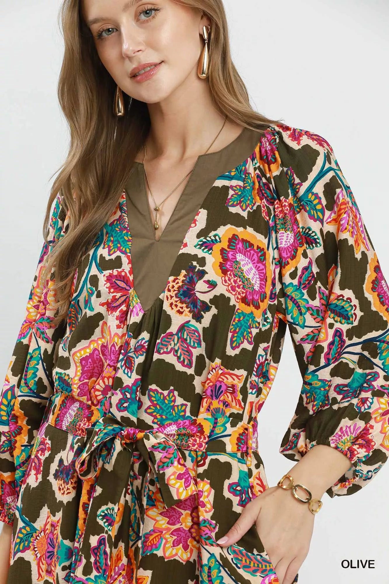 Umgee Abstract Print Embroidered Belted Midi Dress - Desert Sunday