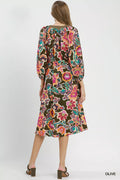 Umgee Abstract Print Embroidered Belted Midi Dress - Desert Sunday
