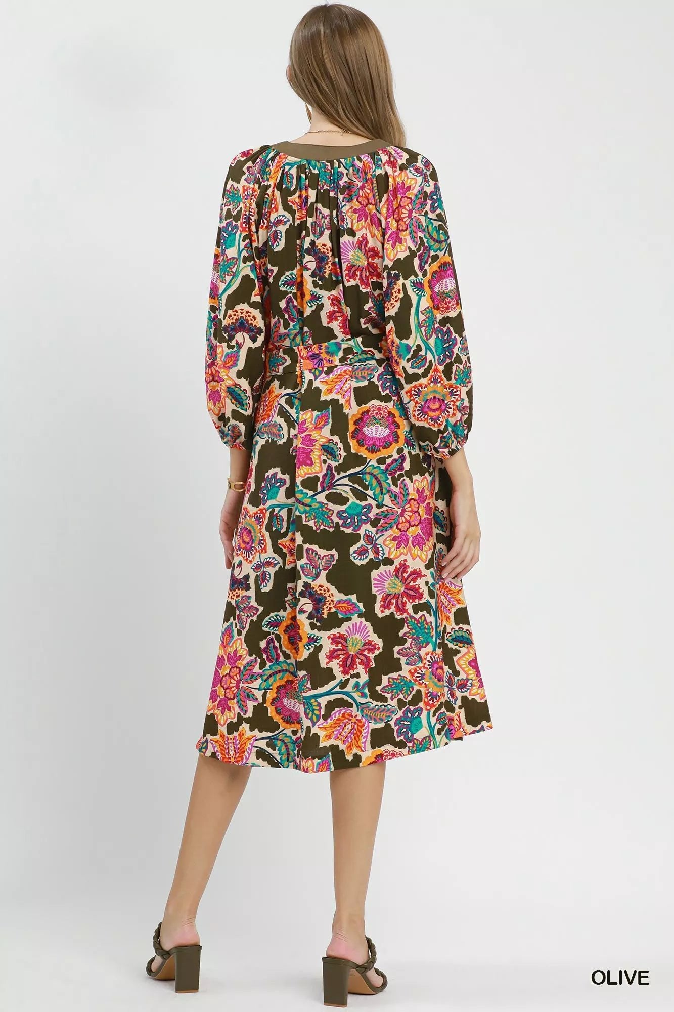 Umgee Abstract Print Embroidered Belted Midi Dress - Desert Sunday