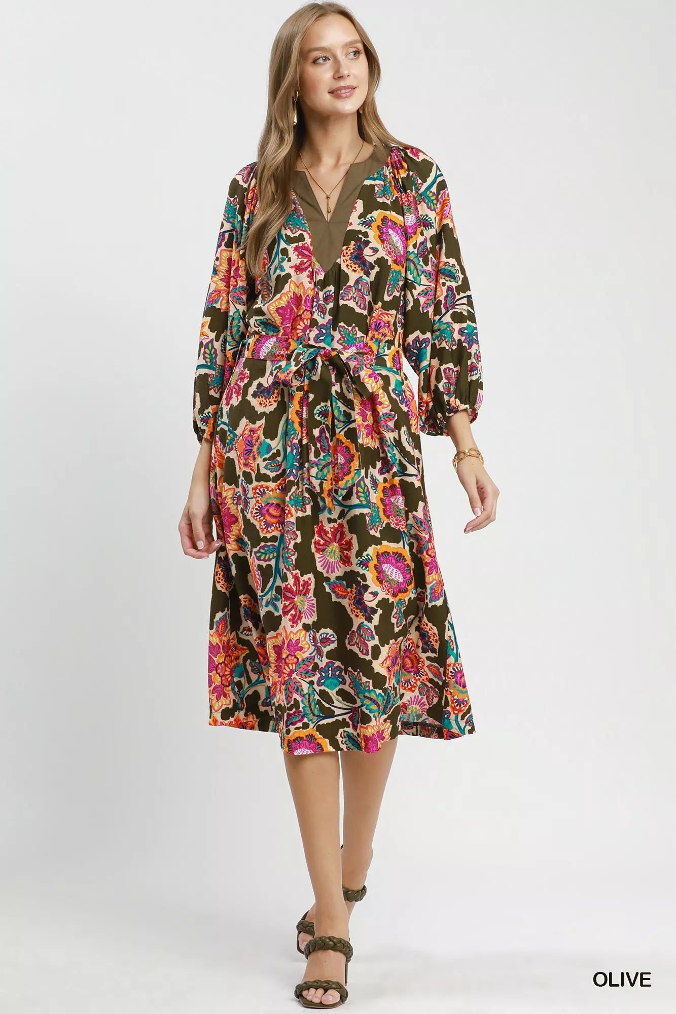 Umgee Abstract Print Embroidered Belted Midi Dress - Desert Sunday