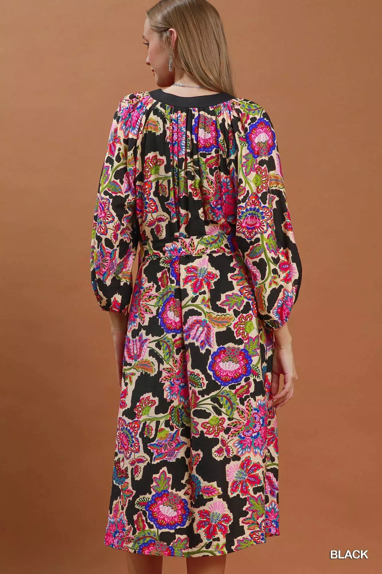 Umgee Abstract Print Embroidered Belted Midi Dress - Desert Sunday