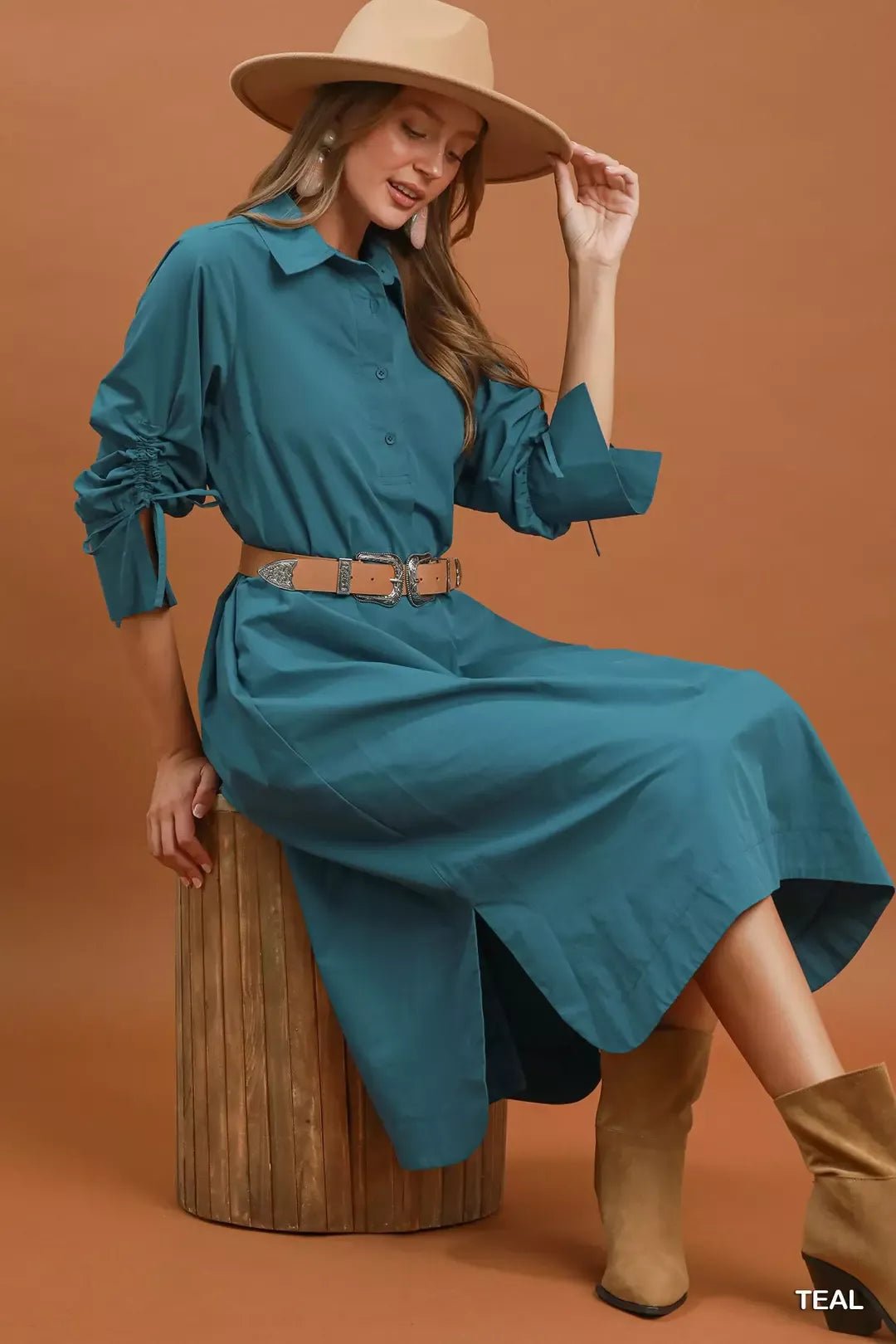 Umgee Collared Button Detail Relaxed Midi Dress - Desert Sunday
