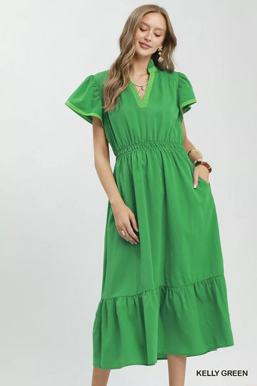 Umgee Contrast Trim Midi Dress with Tiered Ruffle Hem - Desert Sunday