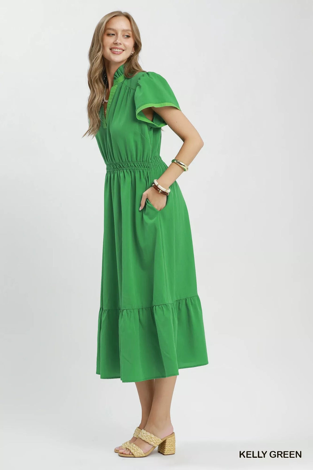 Umgee Contrast Trim Midi Dress with Tiered Ruffle Hem - Desert Sunday