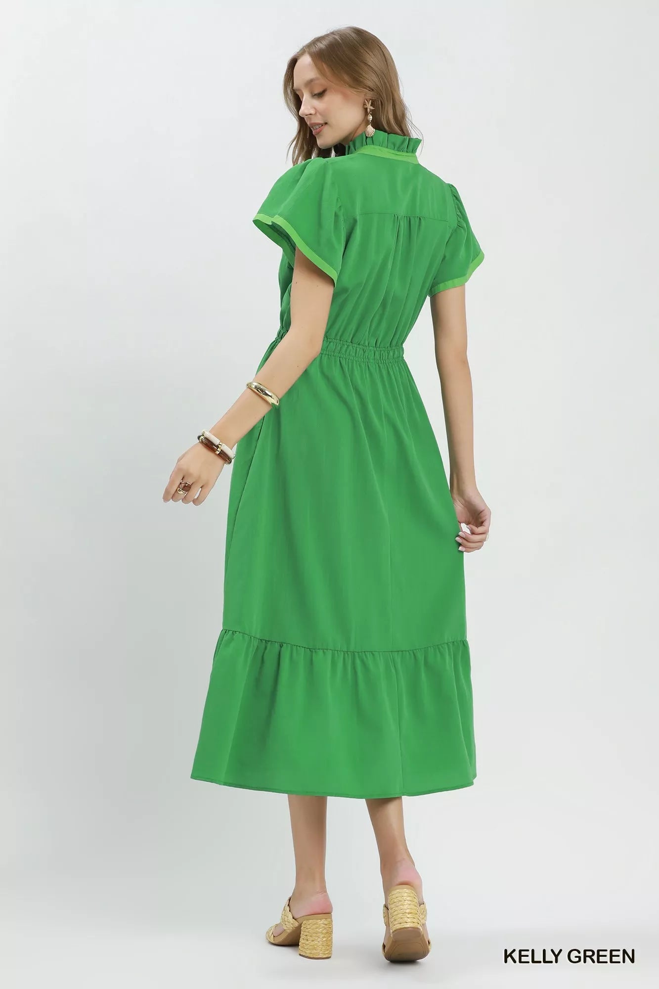 Umgee Contrast Trim Midi Dress with Tiered Ruffle Hem - Desert Sunday