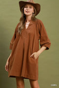 Umgee Corduroy V-Neck Puff Sleeve Shift Dress with Pockets - Desert Sunday