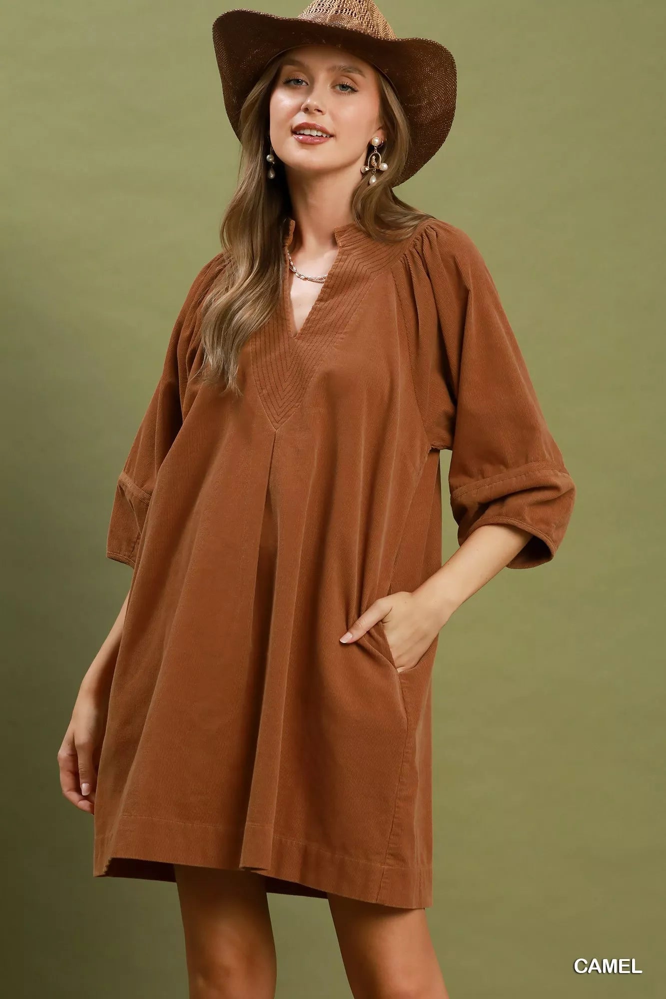 Umgee Corduroy V-Neck Puff Sleeve Shift Dress with Pockets - Desert Sunday