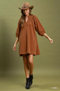 Umgee Corduroy V-Neck Puff Sleeve Shift Dress with Pockets - Desert Sunday