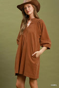 Umgee Corduroy V-Neck Puff Sleeve Shift Dress with Pockets - Desert Sunday