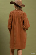Umgee Corduroy V-Neck Puff Sleeve Shift Dress with Pockets - Desert Sunday