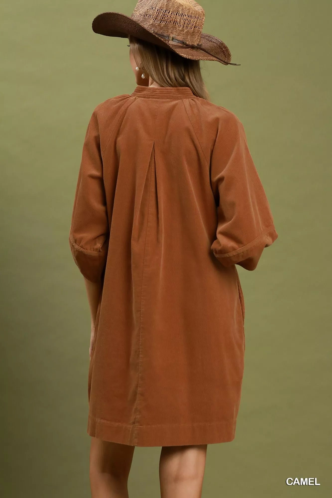 Umgee Corduroy V-Neck Puff Sleeve Shift Dress with Pockets - Desert Sunday