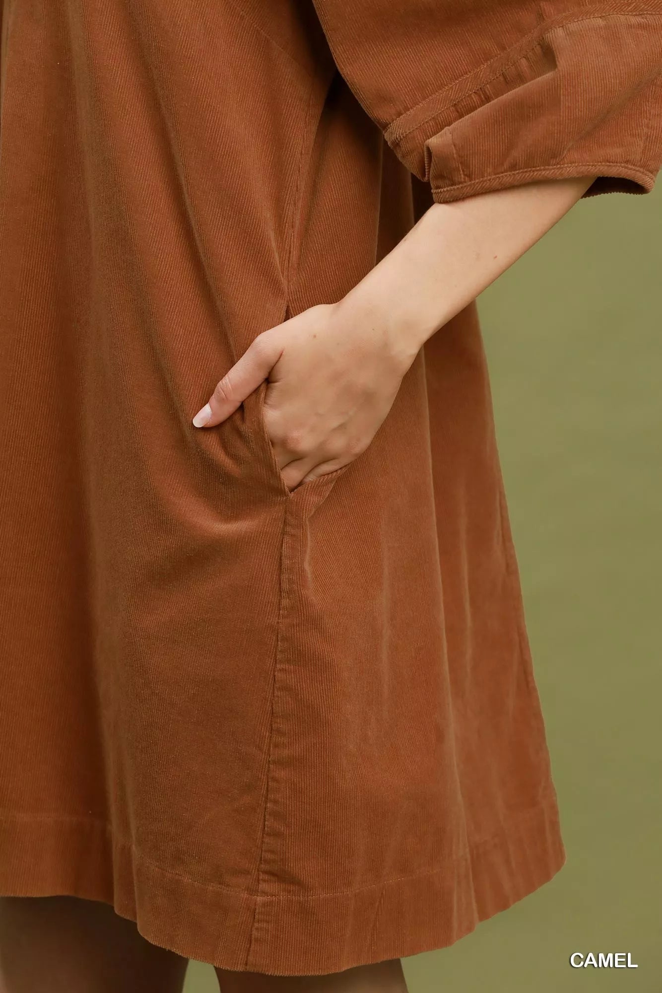 Umgee Corduroy V-Neck Puff Sleeve Shift Dress with Pockets - Desert Sunday
